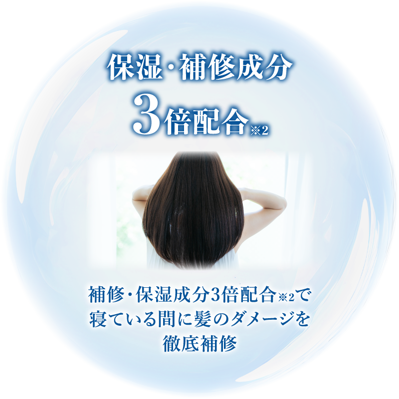 ペプチドやレブリン酸などの美容液成分が寝ている間に髪に浸透。髪のパサつきに全方位アプローチします。